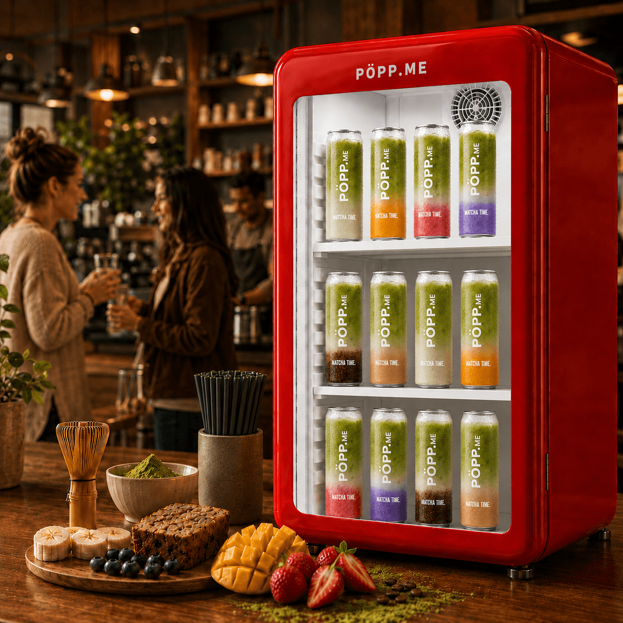 Roter PÖPP Kühlschrank mit Matcha Latte