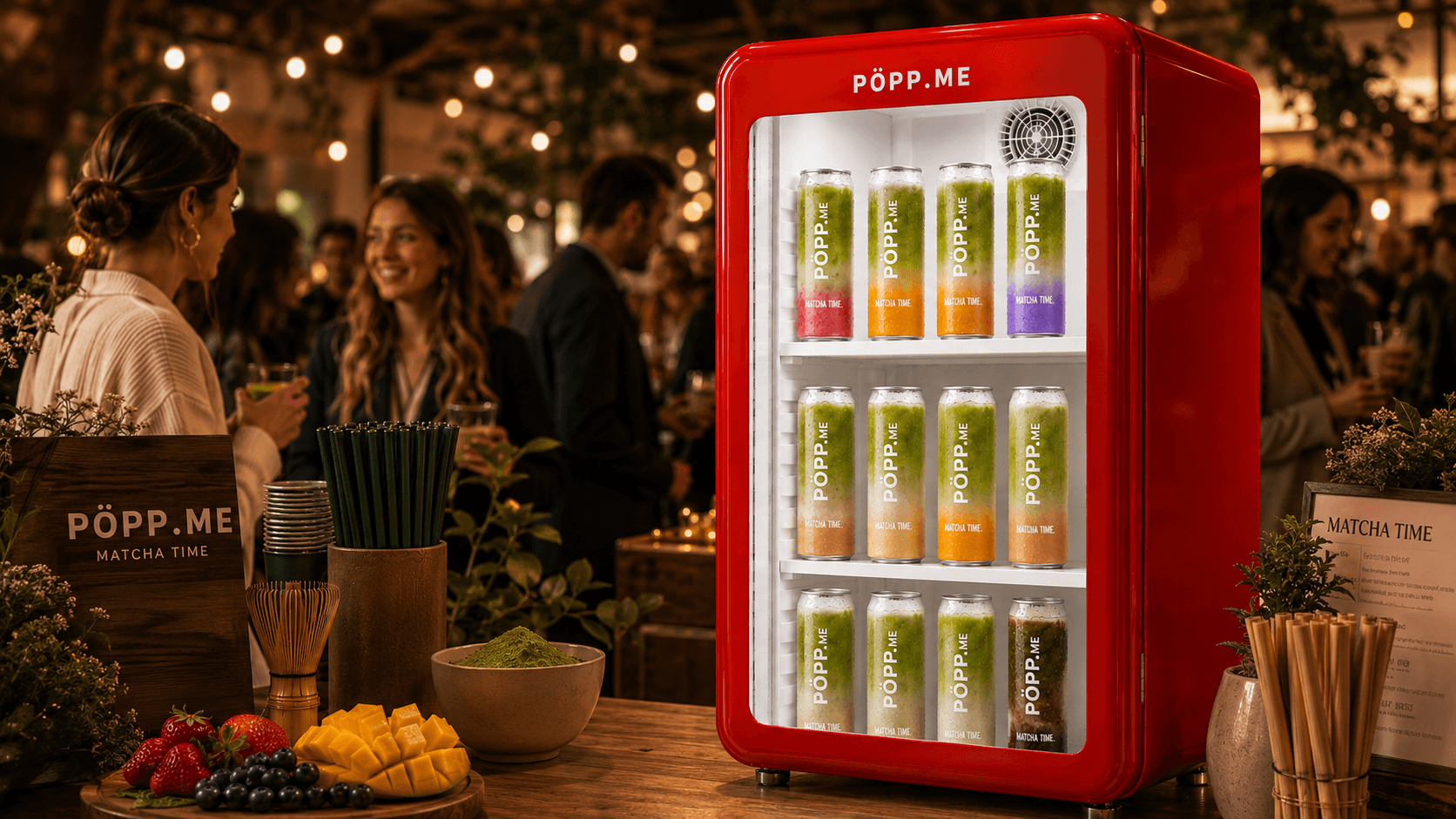 Ein stylischer roter Kühlschrank gefüllt mit bunten PÖPP Matcha Lattes bei einem Fest
