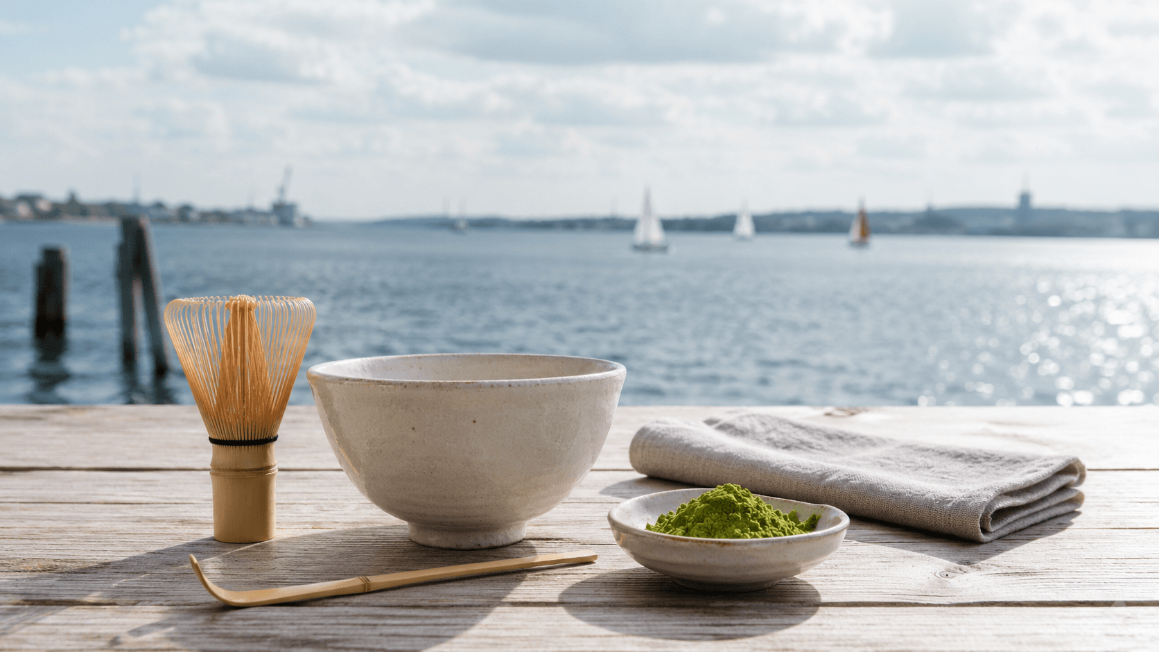 Edles japanisches Matcha-Zubehör und der Blick aufs weite Wasser der Kieler Förde